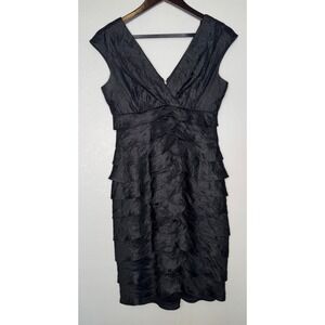 London Times Black Tiered Ruffle Sheath Dress V Neck Cap Sleeve Formal Size 4